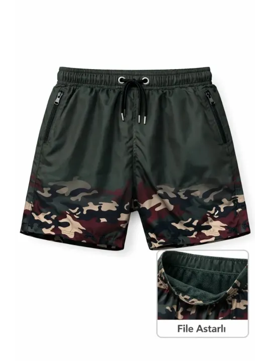 Erkek Deniz Şortu Fermuarlı Cepli File Astarlı Hızlı Kuruyan Premium - Haki Erkek Deniz Şortu Fermuarlı Cepli File Astarlı Hızlı Kuruyan Premium - Haki