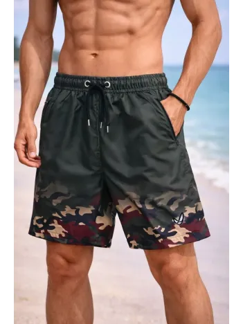 Erkek Deniz Şortu Fermuarlı Cepli File Astarlı Hızlı Kuruyan Premium - Haki