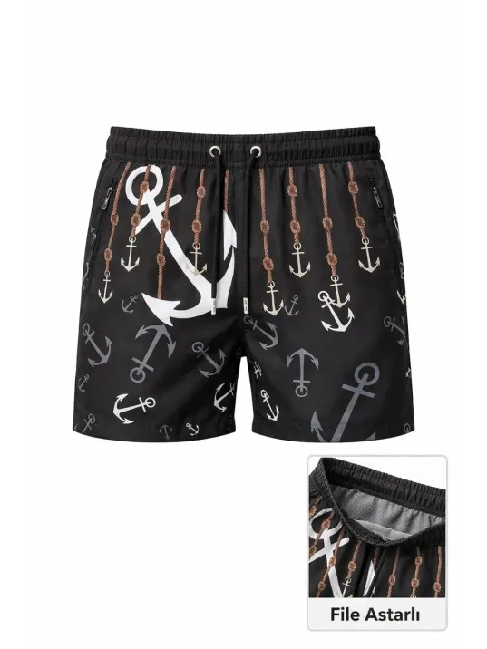 Erkek Deniz Şortu Fermuarlı Cepli File Astarlı Hızlı Kuruyan Premium - Siyah Erkek Deniz Şortu Fermuarlı Cepli File Astarlı Hızlı Kuruyan Premium - Siyah