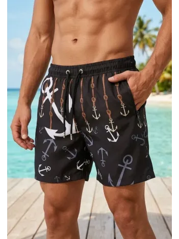 Erkek Deniz Şortu Fermuarlı Cepli File Astarlı Hızlı Kuruyan Premium - Siyah