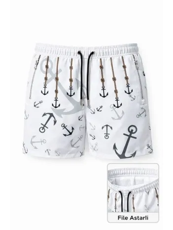 Erkek Deniz Şortu Fermuarlı Cepli File Astarlı Hızlı Kuruyan Premium - Beyaz Erkek Deniz Şortu Fermuarlı Cepli File Astarlı Hızlı Kuruyan Premium - Beyaz
