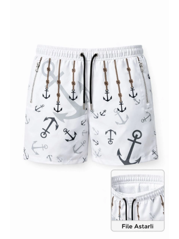 Erkek Deniz Şortu Fermuarlı Cepli File Astarlı Hızlı Kuruyan Premium - Beyaz