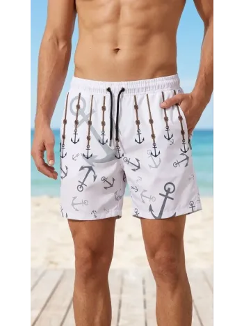 Erkek Deniz Şortu Fermuarlı Cepli File Astarlı Hızlı Kuruyan Premium - Beyaz