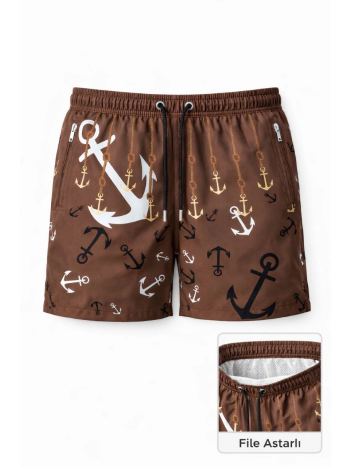 Erkek Deniz Şortu Fermuarlı Cepli File Astarlı Hızlı Kuruyan Premium - Kahverengi