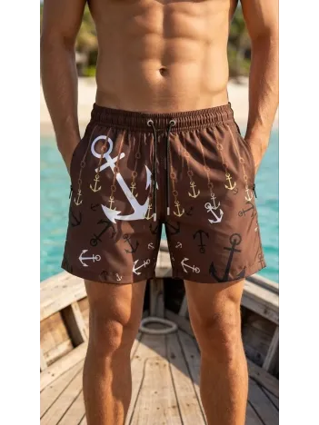 Erkek Deniz Şortu Fermuarlı Cepli File Astarlı Hızlı Kuruyan Premium - Kahverengi