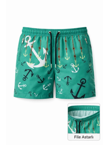 Erkek Deniz Şortu Fermuarlı Cepli File Astarlı Hızlı Kuruyan Premium - Su Yeşili