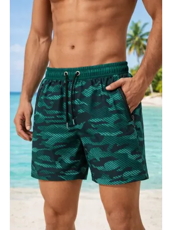 Erkek Deniz Şortu Fermuarlı Cepli File Astarlı Hızlı Kuruyan Premium - Su Yeşili