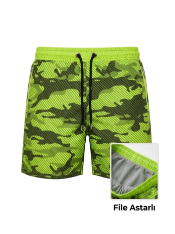 Erkek Deniz Şortu Fermuarlı Cepli File Astarlı Hızlı Kuruyan Premium - Neon Yeşili