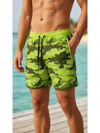Erkek Deniz Şortu Fermuarlı Cepli File Astarlı Hızlı Kuruyan Premium - Neon Yeşili