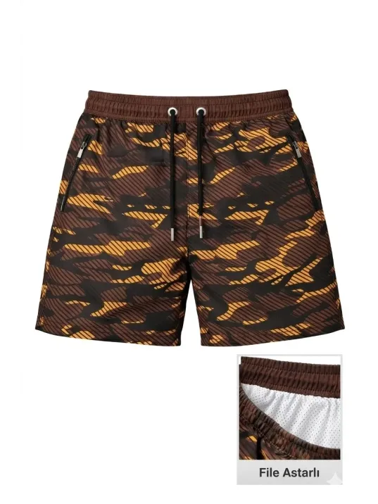 Erkek Deniz Şortu Fermuarlı Cepli File Astarlı Hızlı Kuruyan Premium - Kahverengi Erkek Deniz Şortu Fermuarlı Cepli File Astarlı Hızlı Kuruyan Premium - Kahverengi