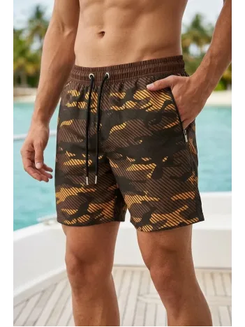 Erkek Deniz Şortu Fermuarlı Cepli File Astarlı Hızlı Kuruyan Premium - Kahverengi