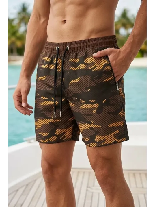 Erkek Deniz Şortu Fermuarlı Cepli File Astarlı Hızlı Kuruyan Premium - Kahverengi Erkek Deniz Şortu Fermuarlı Cepli File Astarlı Hızlı Kuruyan Premium - Kahverengi