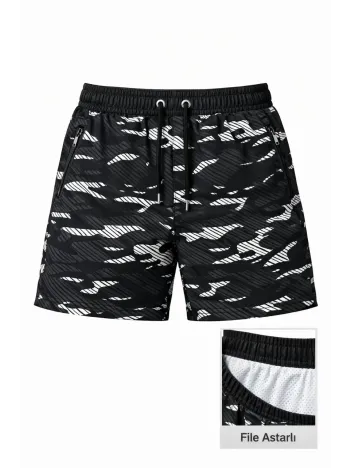 Erkek Deniz Şortu Fermuarlı Cepli File Astarlı Hızlı Kuruyan Premium - Siyah