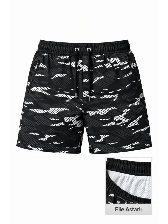 Erkek Deniz Şortu Fermuarlı Cepli File Astarlı Hızlı Kuruyan Premium - Siyah