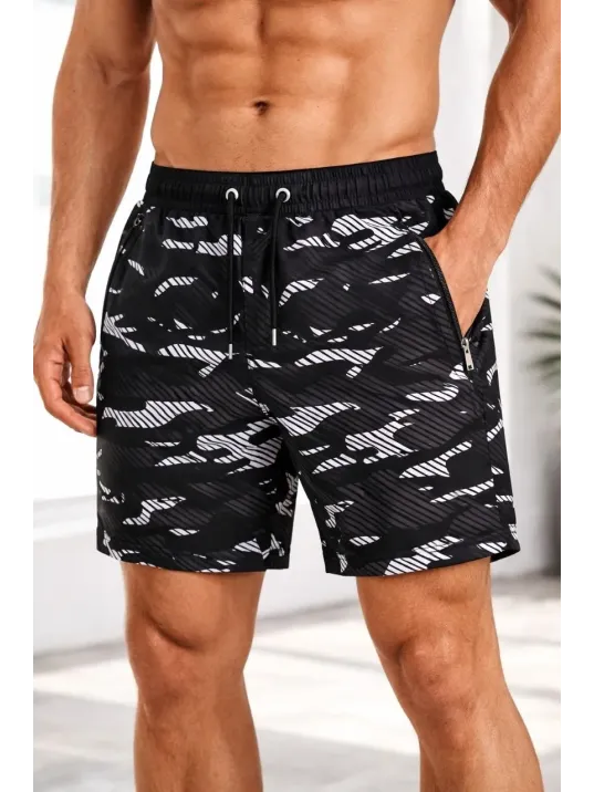 Erkek Deniz Şortu Fermuarlı Cepli File Astarlı Hızlı Kuruyan Premium - Siyah