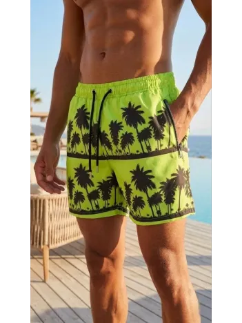Erkek Deniz Şortu Fermuarlı Cepli File Astarlı Hızlı Kuruyan Premium - Neon Yeşili