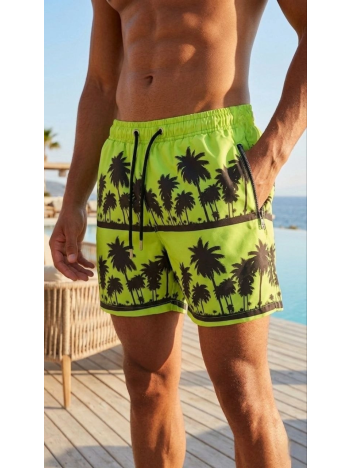Erkek Deniz Şortu Fermuarlı Cepli File Astarlı Hızlı Kuruyan Premium - Neon Yeşili