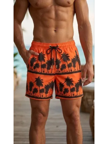 Erkek Deniz Şortu Fermuarlı Cepli File Astarlı Hızlı Kuruyan Premium - Turuncu
