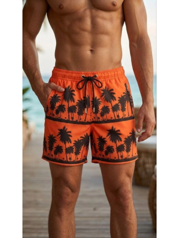 Erkek Deniz Şortu Fermuarlı Cepli File Astarlı Hızlı Kuruyan Premium - Turuncu