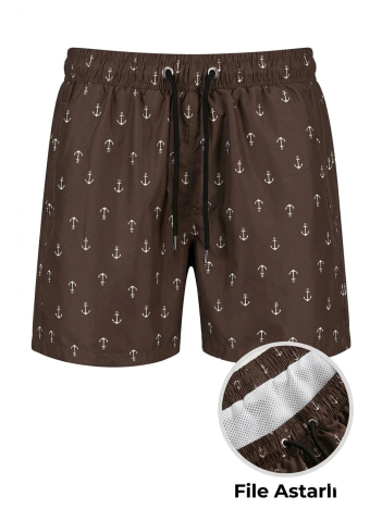 Erkek Deniz Şortu Fermuarlı Cepli File Astarlı Hızlı Kuruyan Premium - Kahverengi
