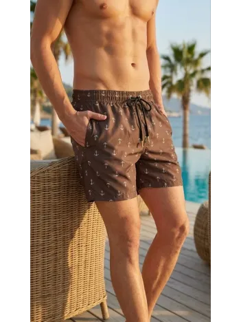 Erkek Deniz Şortu Fermuarlı Cepli File Astarlı Hızlı Kuruyan Premium - Kahverengi