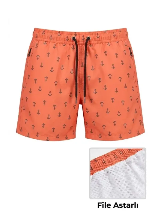 Erkek Deniz Şortu Fermuarlı Cepli File Astarlı Hızlı Kuruyan Premium - Turuncu