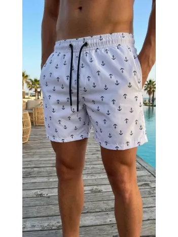 Erkek Deniz Şortu Fermuarlı Cepli File Astarlı Hızlı Kuruyan Premium - Beyaz