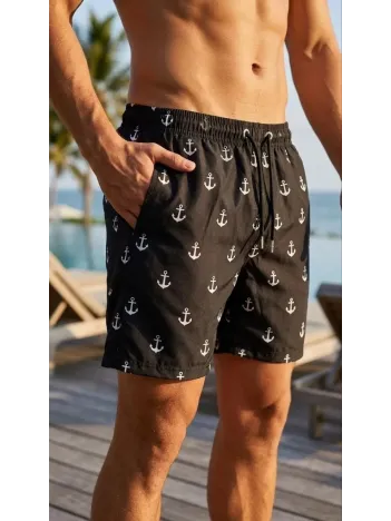 Erkek Deniz Şortu Fermuarlı Cepli File Astarlı Hızlı Kuruyan Premium - Siyah