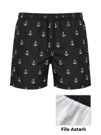 Erkek Deniz Şortu Fermuarlı Cepli File Astarlı Hızlı Kuruyan Premium - Siyah