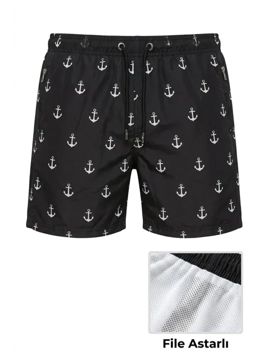 Erkek Deniz Şortu Fermuarlı Cepli File Astarlı Hızlı Kuruyan Premium - Siyah Erkek Deniz Şortu Fermuarlı Cepli File Astarlı Hızlı Kuruyan Premium - Siyah