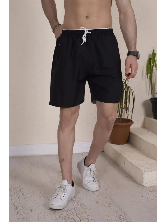 Erkek Deniz Şortu Fermuarlı Cepli File Astarlı - Siyah