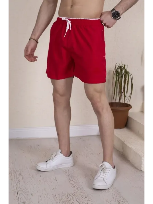 Erkek Deniz Şortu Fermuarlı Cepli File Astarlı - Kırmızı