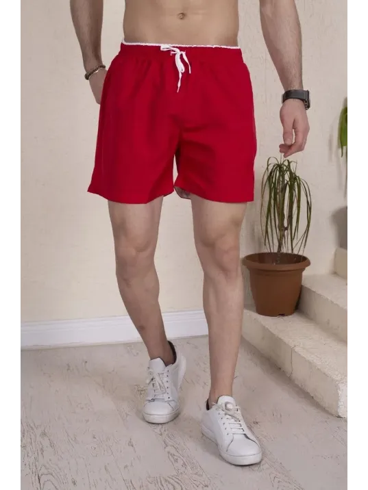 Erkek Deniz Şortu Fermuarlı Cepli File Astarlı - Kırmızı