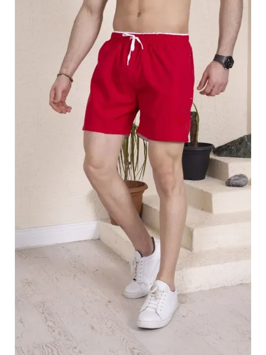 Erkek Deniz Şortu Fermuarlı Cepli File Astarlı - Kırmızı