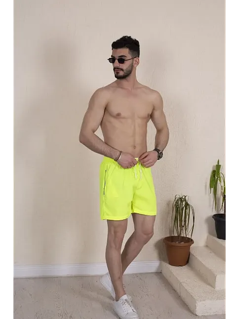 Erkek Deniz Şortu Fermuarlı Cepli File Astarlı - Neon Yeşili