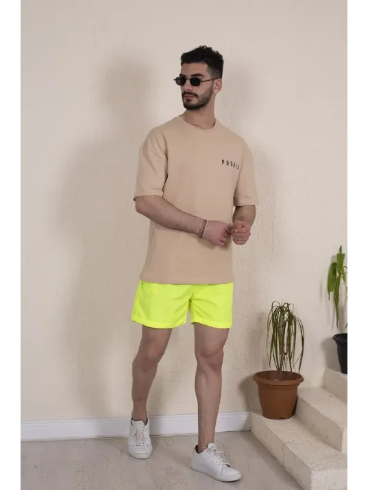 Erkek Deniz Şortu Fermuarlı Cepli File Astarlı - Neon Yeşili Erkek Deniz Şortu Fermuarlı Cepli File Astarlı - Neon Yeşili