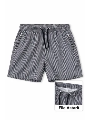 Kadın Deniz Şortu Fermuarlı Cepli File Astarlı Hızlı Kuruyan Premium - Siyah