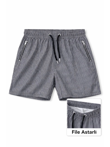 Kadın Deniz Şortu Fermuarlı Cepli File Astarlı Hızlı Kuruyan Premium - Siyah