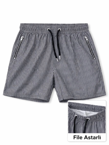 Kadın Deniz Şortu Fermuarlı Cepli File Astarlı Hızlı Kuruyan Premium - Siyah