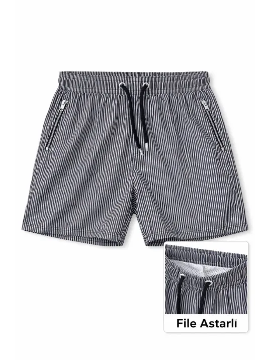 Kadın Deniz Şortu Fermuarlı Cepli File Astarlı Hızlı Kuruyan Premium - Siyah