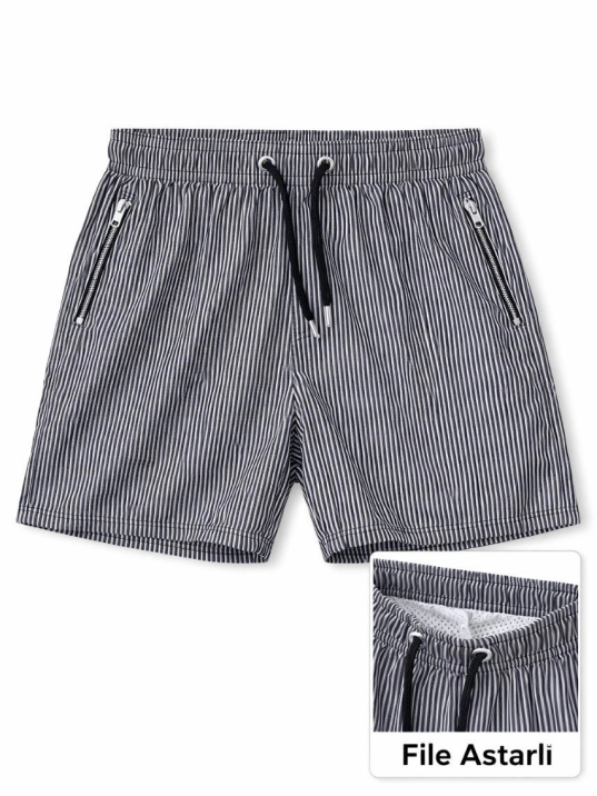 Kadın Deniz Şortu Fermuarlı Cepli File Astarlı Hızlı Kuruyan Premium - Siyah