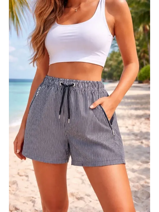 Kadın Deniz Şortu Fermuarlı Cepli File Astarlı Hızlı Kuruyan Premium - Siyah