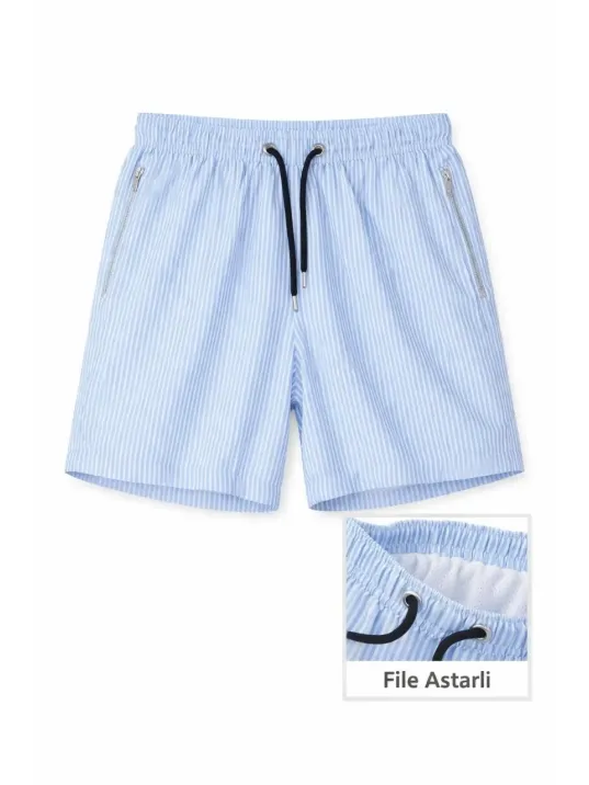 Kadın Deniz Şortu Fermuarlı Cepli File Astarlı Hızlı Kuruyan Premium - Bebek Mavisi