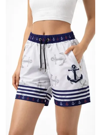 Kadın Deniz Şortu Fermuarlı Cepli File Astarlı Hızlı Kuruyan Premium - Beyaz