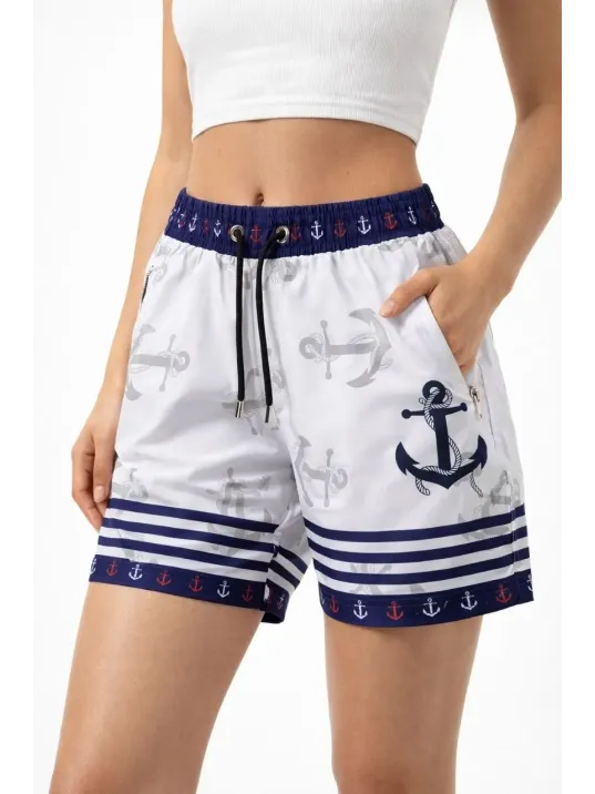 Kadın Deniz Şortu Fermuarlı Cepli File Astarlı Hızlı Kuruyan Premium - Beyaz