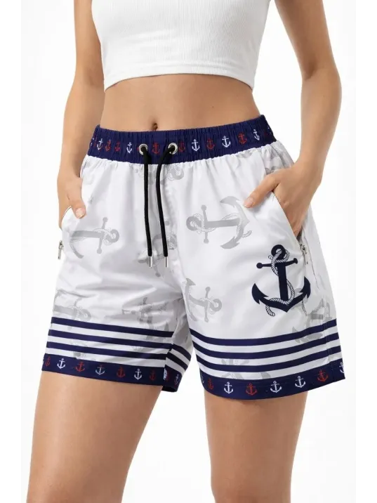 Kadın Deniz Şortu Fermuarlı Cepli File Astarlı Hızlı Kuruyan Premium - Beyaz