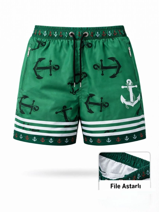 Kadın Deniz Şortu Fermuarlı Cepli File Astarlı Hızlı Kuruyan Premium - Yeşil