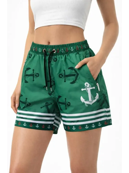 Kadın Deniz Şortu Fermuarlı Cepli File Astarlı Hızlı Kuruyan Premium - Yeşil