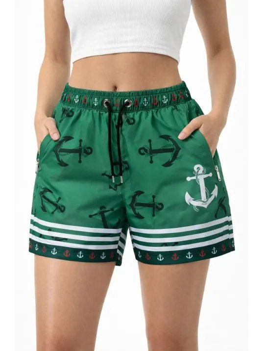 Kadın Deniz Şortu Fermuarlı Cepli File Astarlı Hızlı Kuruyan Premium - Yeşil