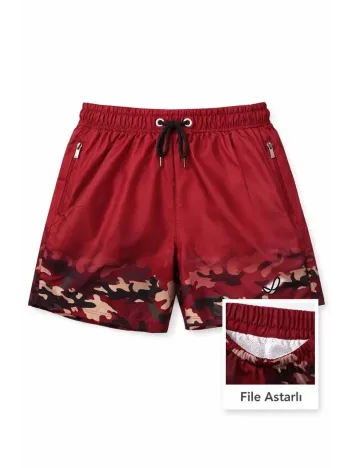 Kadın Deniz Şortu Fermuarlı Cepli File Astarlı Hızlı Kuruyan Premium - Bordo